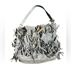 Vince Camuto Joni Gray Fringe Shoulder Bag Suede